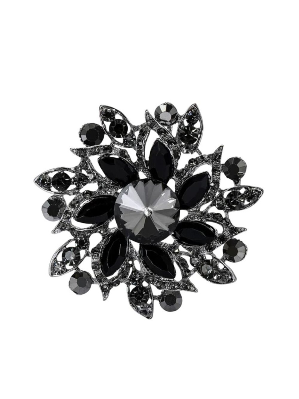 Black Rivoli Rhinestone Brooch Silver Tone Pinwheel Flower